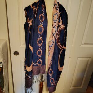 Extra Large Pashima Fringed Scarf Vintage Blue + Pink Geometric Nautical Boho